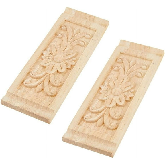 2pcs Rectangle Wood Carved Applique 22x8cm/8.66x3.15inch Frame Onlay Flower Wood Carved Decal Unpainted Furniture Decoration for Home Door Cabinet 2pcs