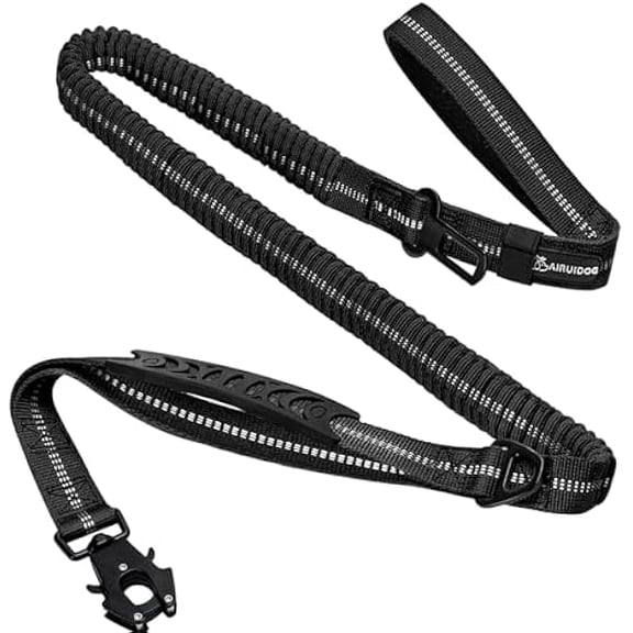 Eryueer Heavy Duty Tactical Dog Leash, 4-6FT Shock Absorbing Bungee Lead with 2 Padded Handles, Metal Carabiner & Seatbelt Clip, Reflective No-Pull Leash for Medium/Large Dogs Black