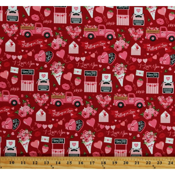 Cotton Valentine's Day Love Notes Balloons Hearts Pink Trucks Flowers Kissing Booth Falling in Love Red Cotton Fabric Print by the Yard (C11280-RED)
