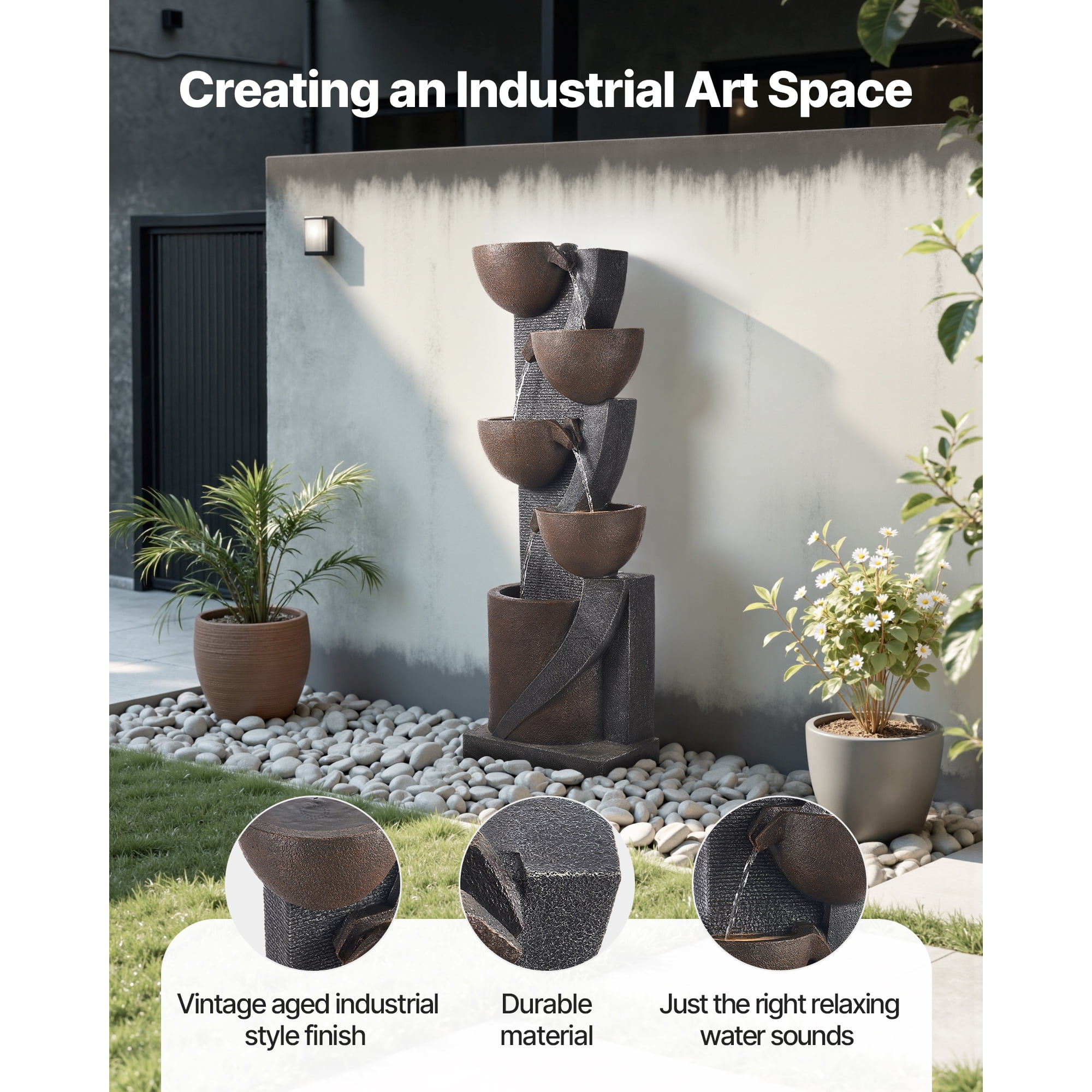 KFFKFF Outdoor Water Fountain, 49.61 in Tall, 5-Tier Jar-Shaped Cascading Design with LED Light and Pump, Ideal for Garden, Patio, Home, and Backyard Use