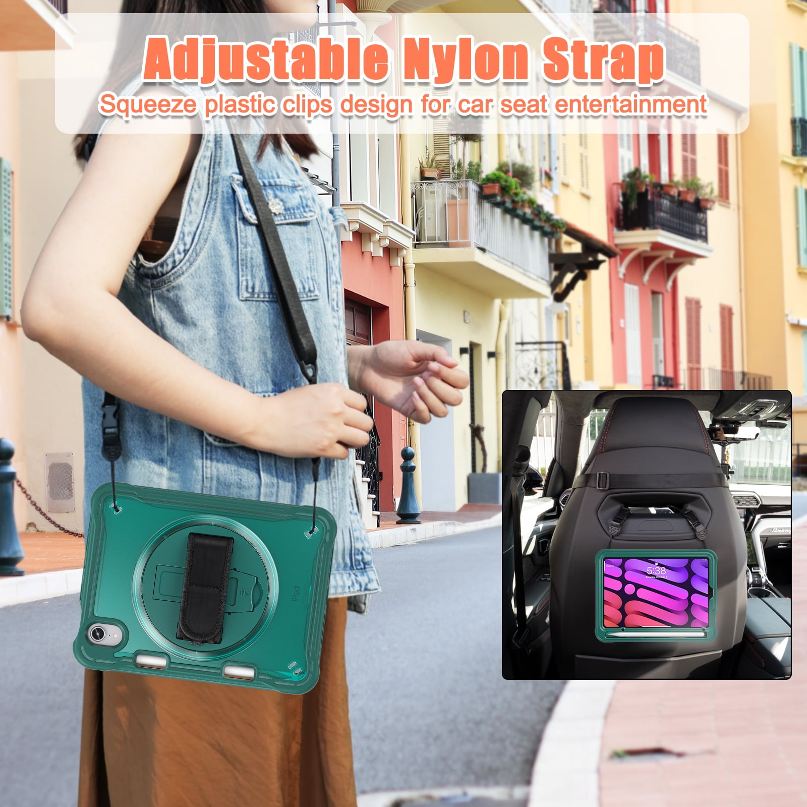 Shockproof Case for Apple iPad mini 6/7, iPad mini 6th 7th Gen Cover, 360 Rotating Stand Translucent Back Cover Shockproof Adjustable Shoulder Strap Kids Friendly with Pencil Holder, Darkgreen