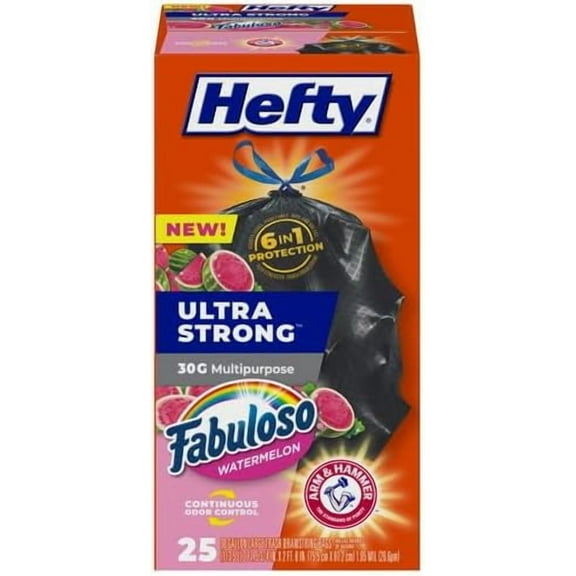 Hefty Ultra Strong Multipurpose Large Trash Bags, Fabuloso Watermelon Scent, 30 Gallon, 25 Count