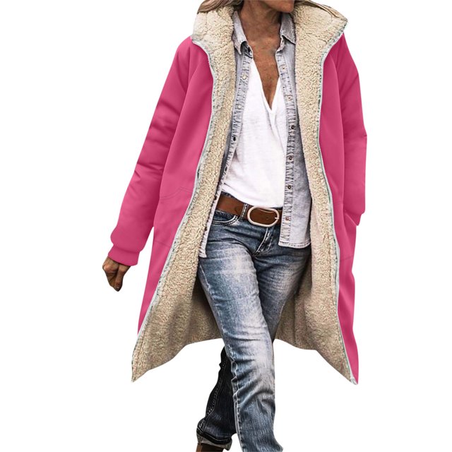 yardsong Doudoune Longue Réversible pour Femme - Veste à Capuche Zippée en Sherpa Doublée en Molleton Rose Vif,G