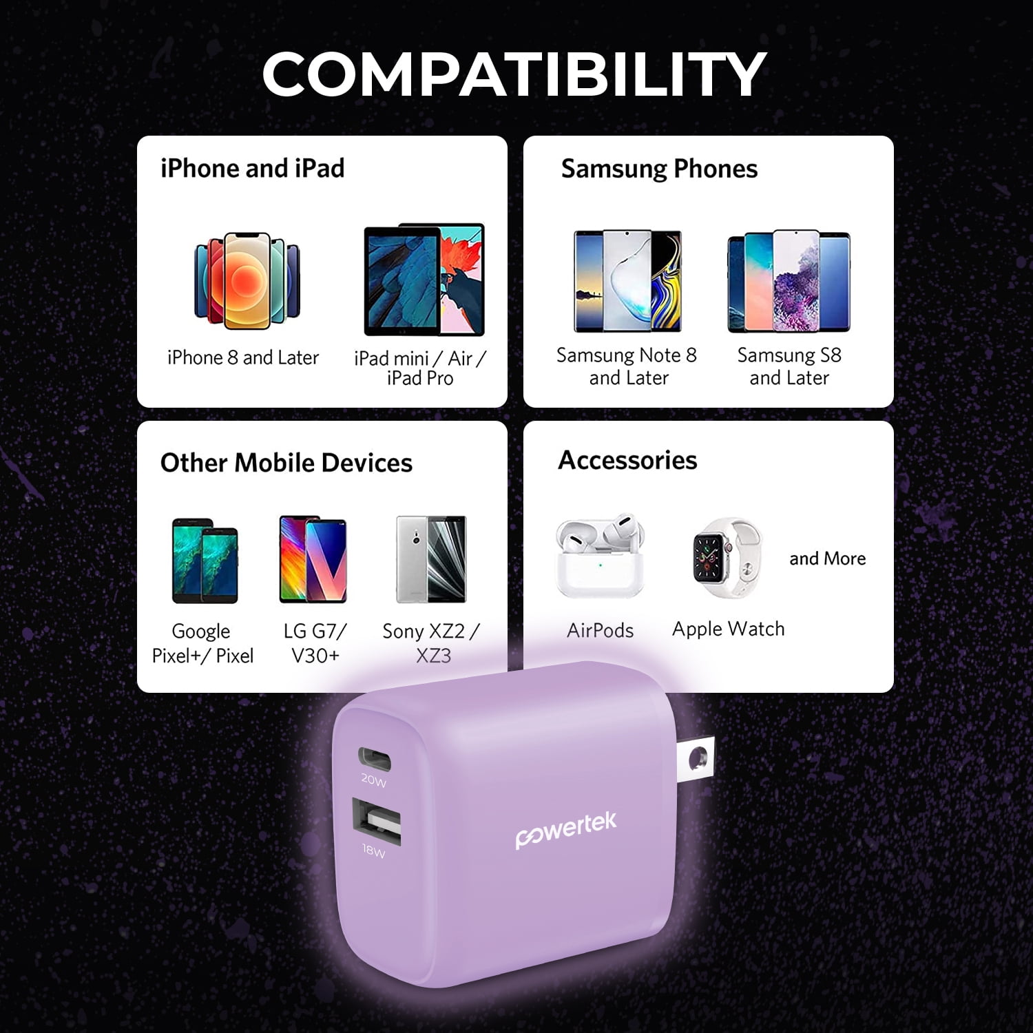 Liquipel Powertek Glow in the Dark 20W Combo Wall Charger - Purple