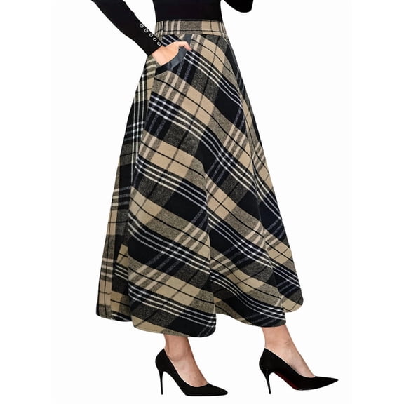 Women High Elastic Waist Maxi Skirt A-Line Plaid Flare Long Skirt Khaki S
