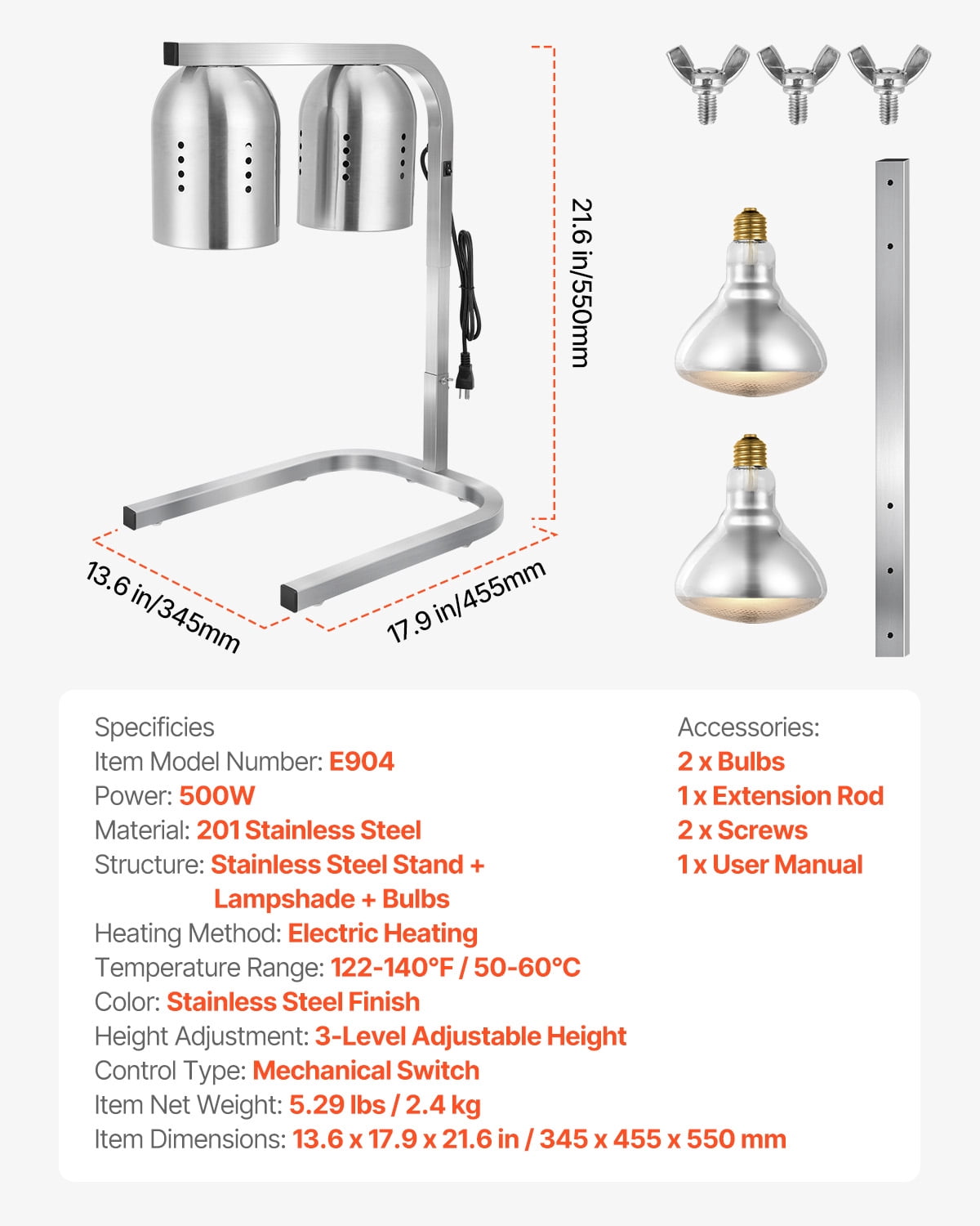 VEVOR Food Heat Lamp, 500W Bulbs, Commercial Food Warmer Light, Electric Stainless Steel French Fry Heating Lamp, Free-standing, Catering Food Warming Equipment for Kitchen Buffet Restaurant, Silver