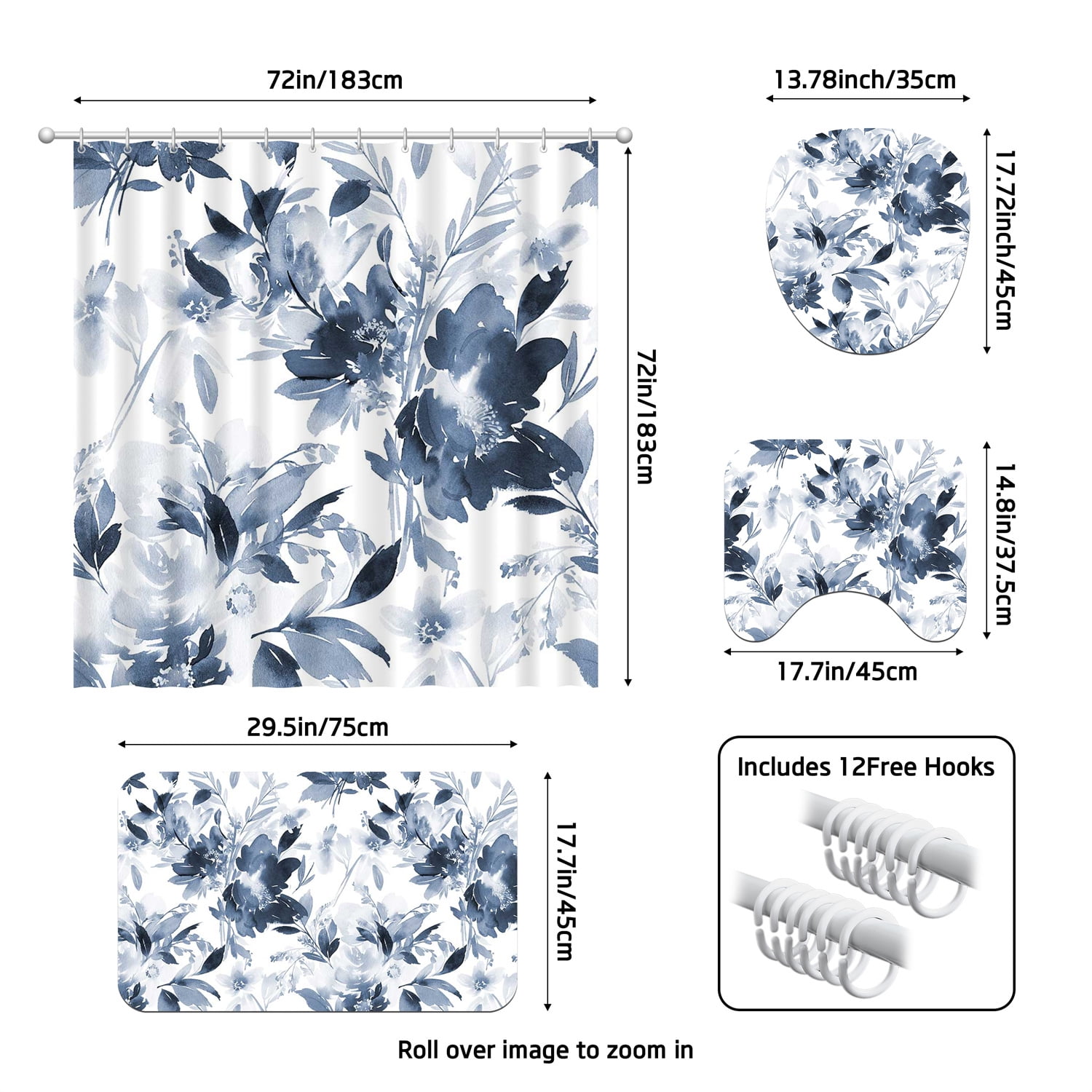 4pcs Navy Blue Watercolor Ink Floral Shower Curtain Set with Hooks