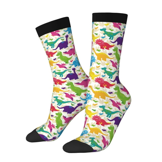 Lsque Colorful Dinosaurs Printed Men's Crew Socks, Soft Durable Breathable Moisture-Wicking with Odor Control Cotton socks