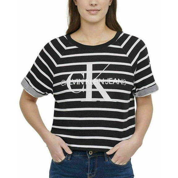 NEW!!! Calvin Klein Jeans Women French Terry Logo Crop Top (Black Combo & Large)