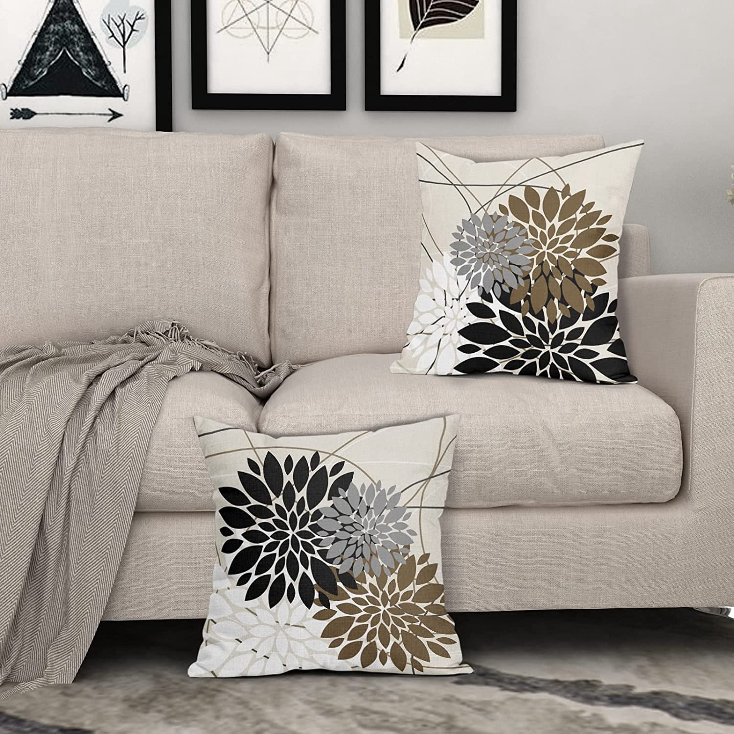 Black Brown Throw Pillow Covers 20x20 Inch Dahlia Flower Decorative Pillows Modern Geometry Floral Outdoor Farmhouse Pillowcase Linen Square Cushion Case Decor for Home Sofa Couch Bed, Set of 2
