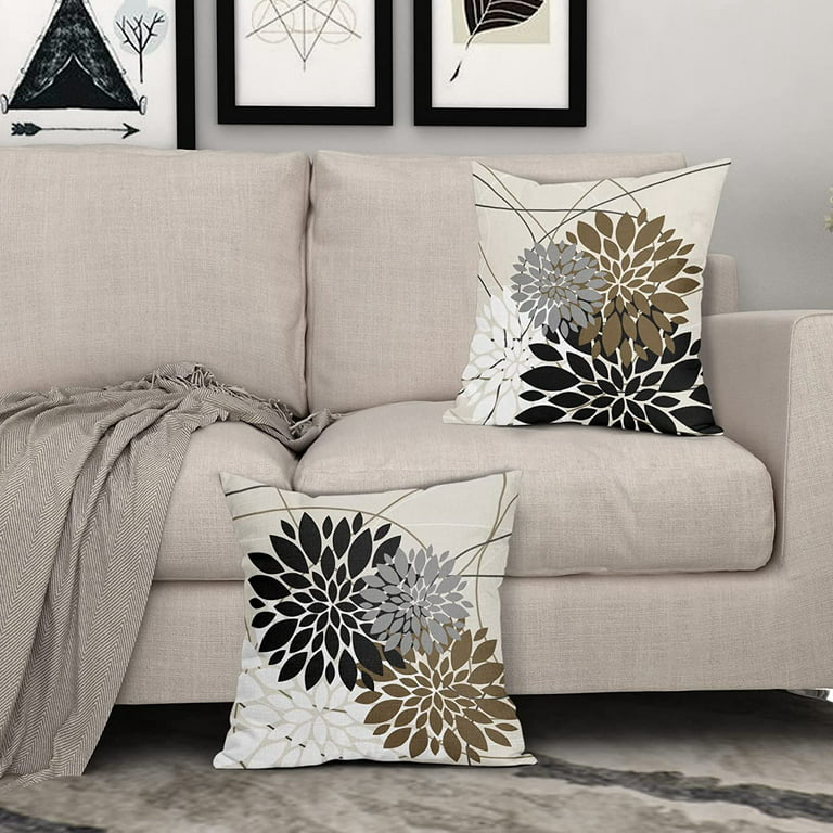 Black Brown Pillow Covers 18x18 Inch Dahlia Flower White Gray Elegant  Colored Throw Pillows Farmhouse Outdoor Decor for Home Living Room Sofa Bed  Modern Floral Linen Square Cushion Case, Set of 2 