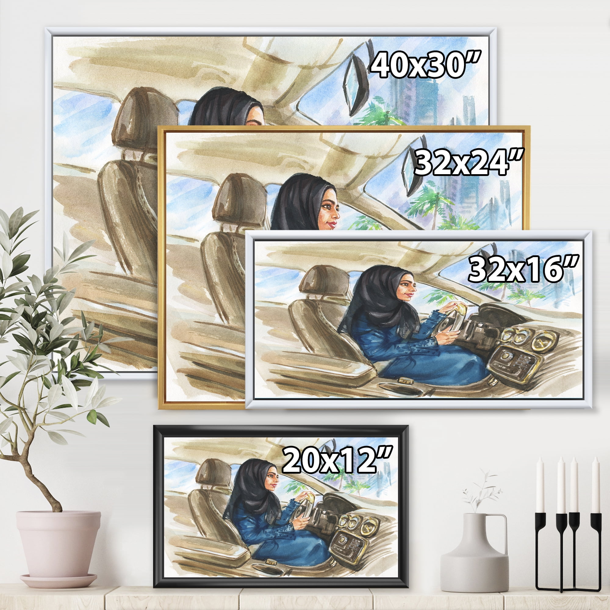 Designart 'Arabian Lady Driving A Car I' Modern Framed Canvas Wall Art Print