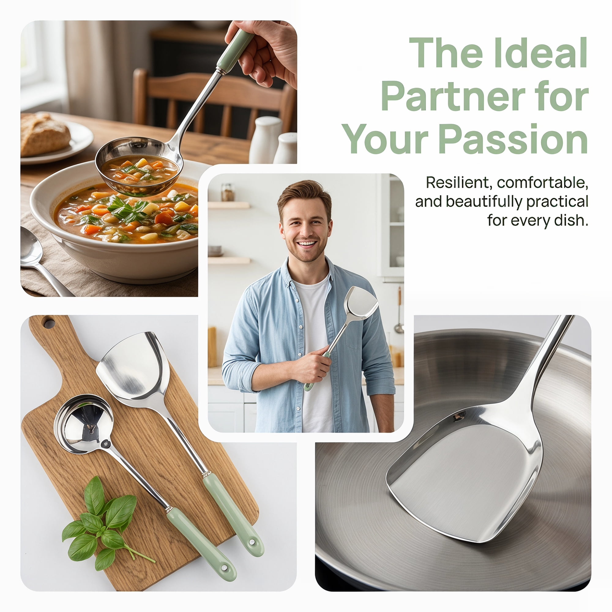 Unique Bargains Color-blocked Kitchen Utensil Set for Home Cooking Green-Silver D 2pcs