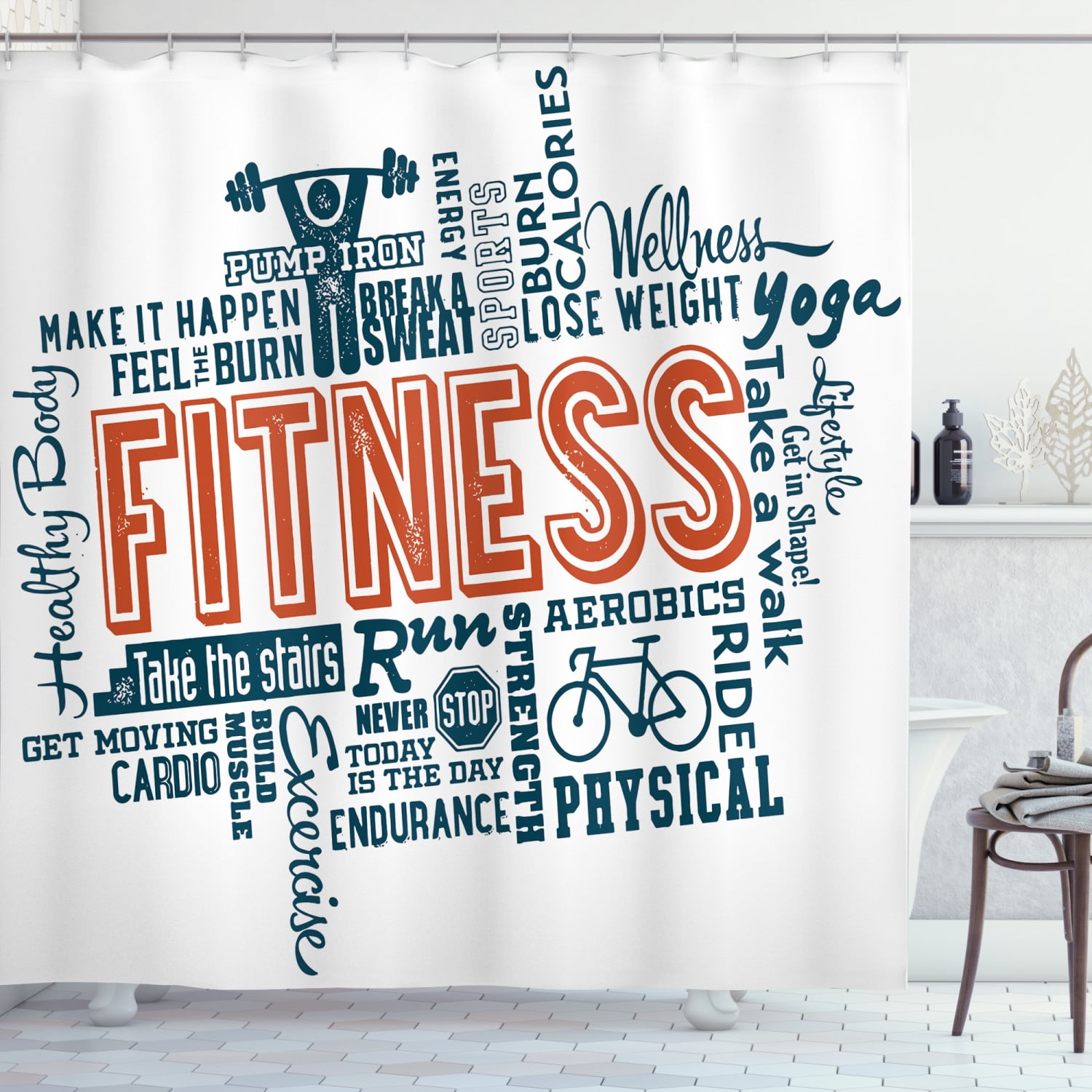 Fitness Shower Curtain, Fitness Related Words with Retro Style
