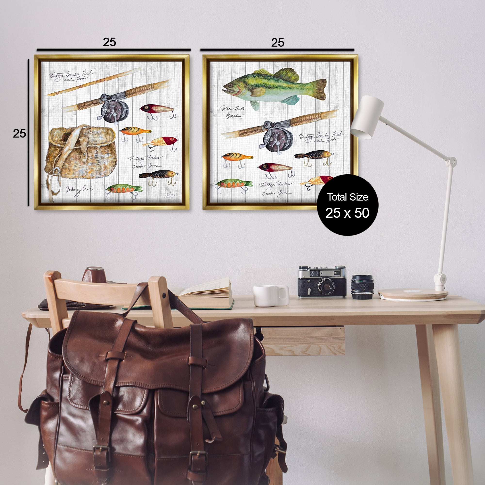Stupell Industries Vintage Fishing Gear Sports Painting Gold Floater Framed Canvas Art Print Wall Art, 25 x 25, Set of 2