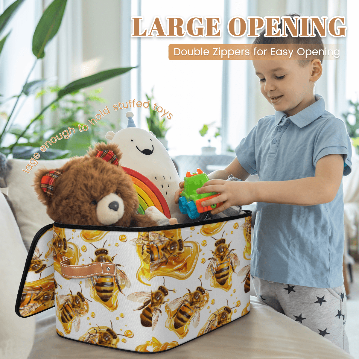 CURLYOOT Bee Fabric Storage Bins with Lids, Farmhouse Honey Bee Foldable Storage Boxes Washable Storage Cube, Closet Bedroom Home Organizer Containers with PU Leather Handles