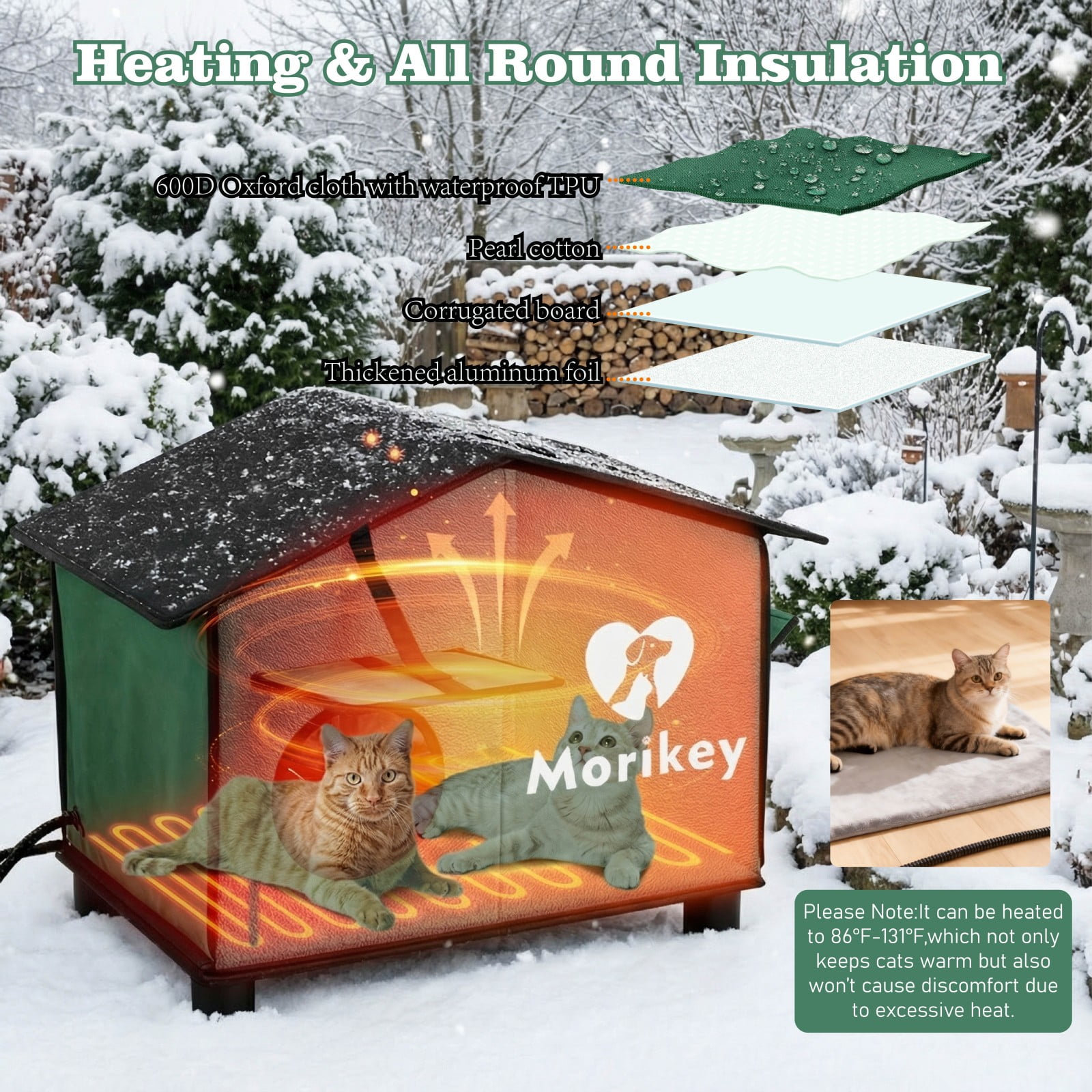 Outdoor Heated Cat House in Winter,Insulated Weatherproof Outdoor Cat Shelter with Heated Pad, Elevated Base & Safe Escape Door,Warm Kitty House for Feral or Stray Cats, 14.1"x16.5"x24.4"