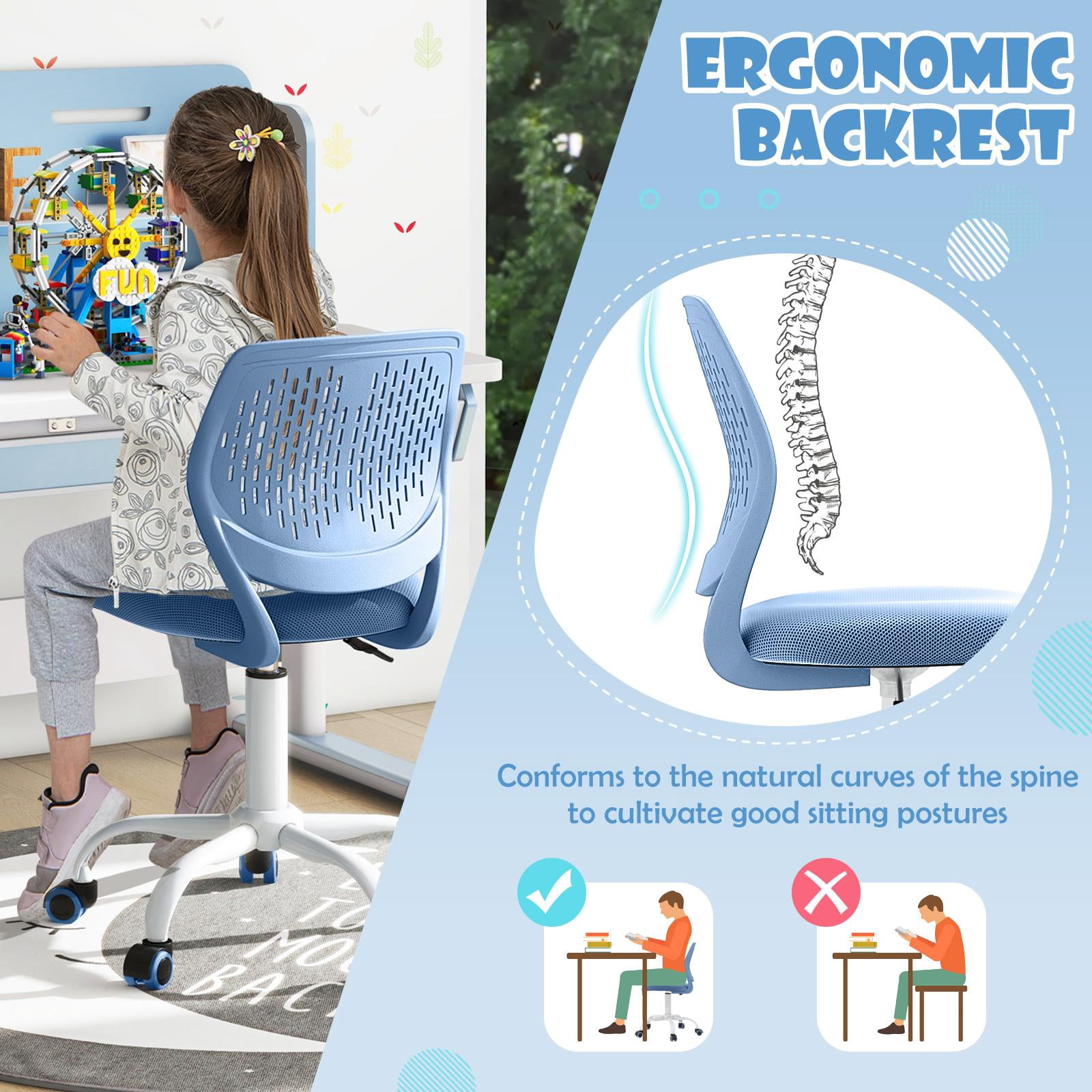 Giantex Kids Desk Chair, Adjustable Swivel Chair for Children, Armless Mesh Task Student Study Chair w/Lumbar Support & Adjustable Height, Rolling Computer Chair, Blue