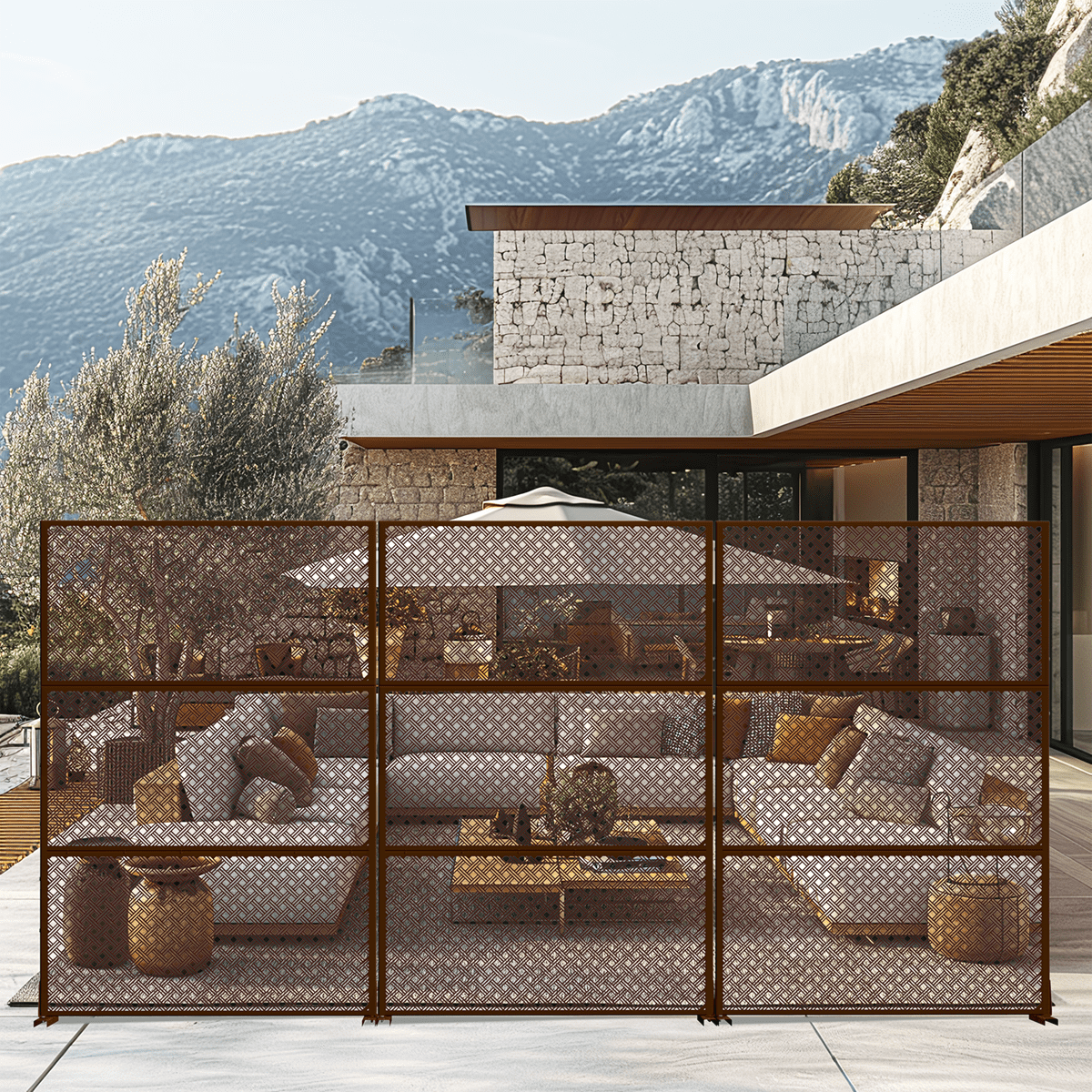 MAYEERTY 72"x47"x16" Outdoor Privacy Screen with Stand Metal Balcony Decorative Screen,Brown