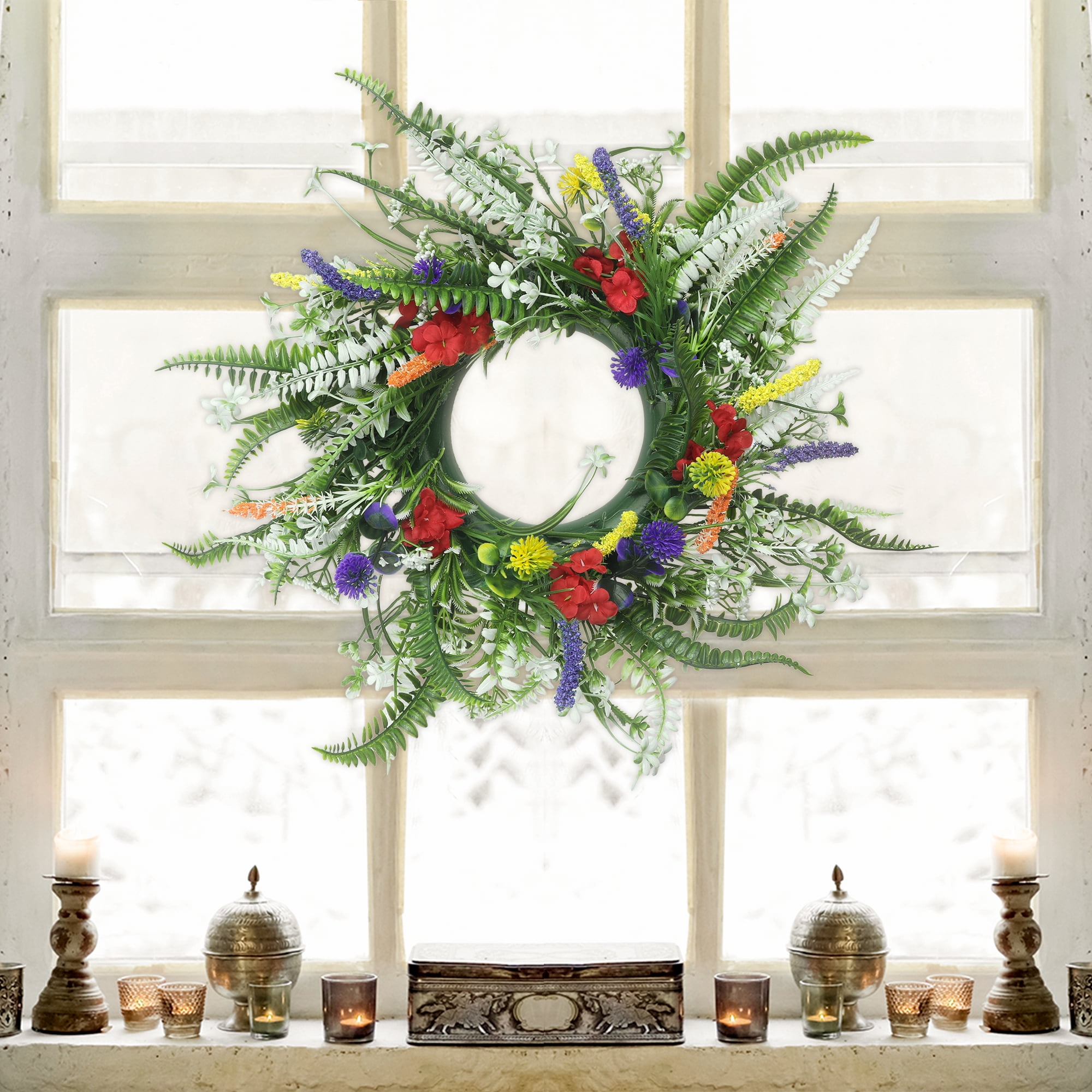 Unique Bargains Colorful Flower Front Door Wreath Farmhouse Spring Summer Decor Green 14"