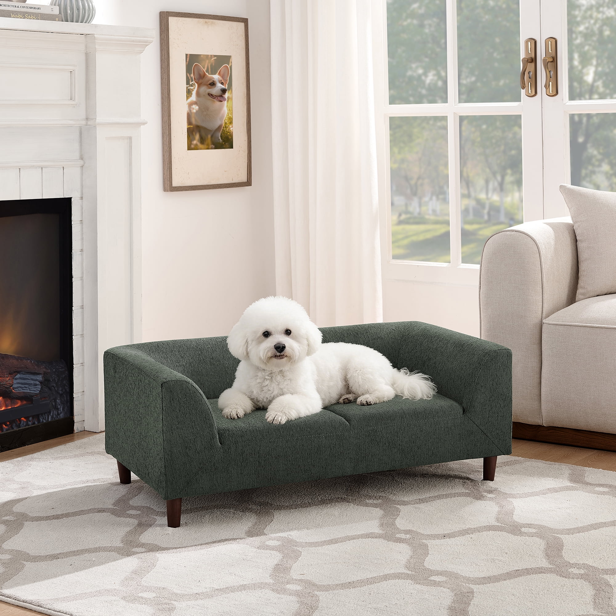 Pet Sofa with Backrest & Armrests, Linen Fabric Rectangular Dog Couch, Stable Rubber Wood Frame Soft Sponge Cushion, Easy Access Pet Bed for Small Medium Large Dogs