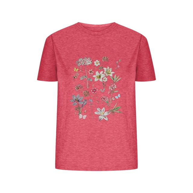 Camisetas de Verano de Mujer Pequeña Flor Impresa Cuello Redondo Manga Corta Superior, Verano Superior de las Mujeres