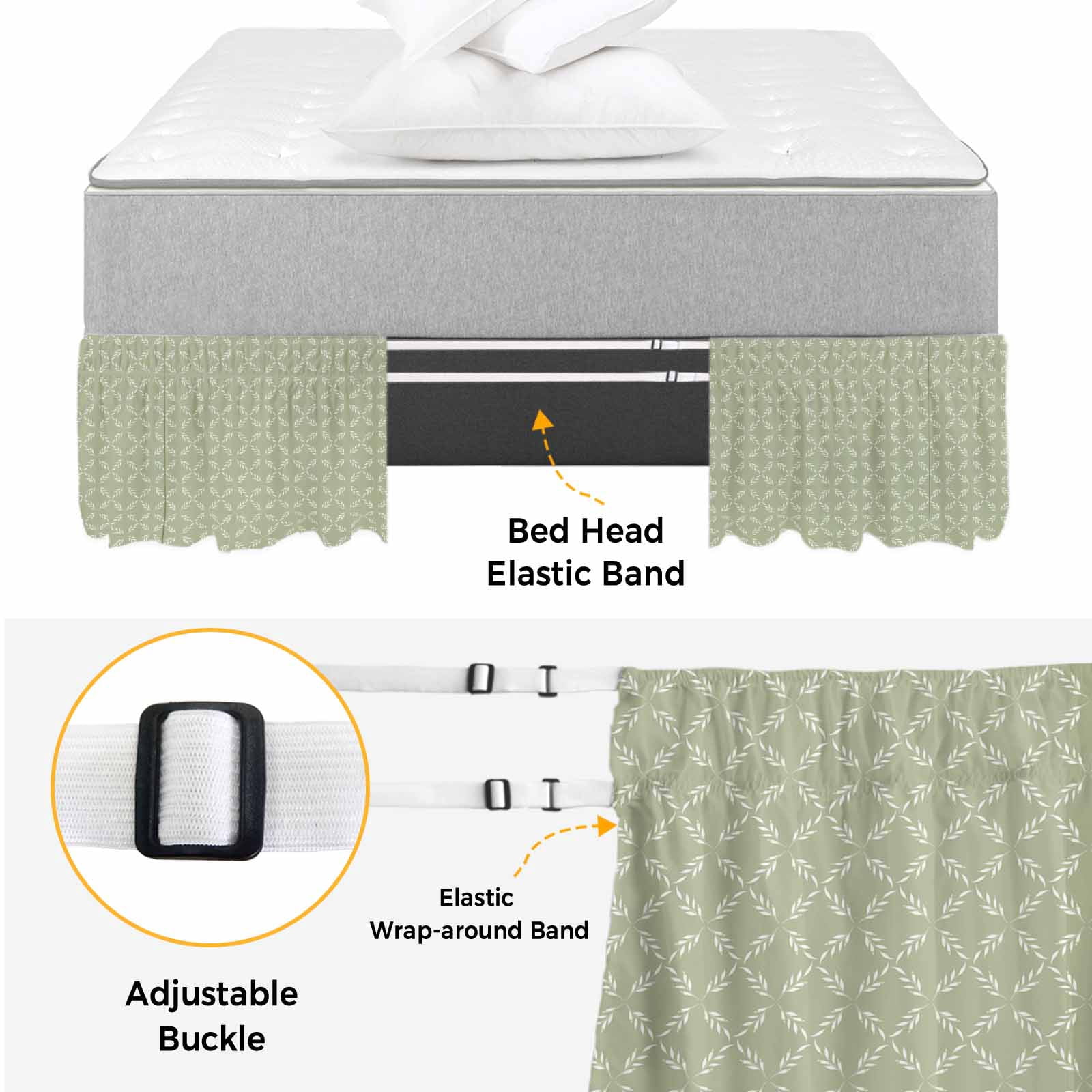 Sage Green Bed Skirt Queen Size 16 Inch Drop, Elastic Wrap Around Bed Skirts Pleated Luxury Dust Ruffles For Twin Full Queen Cal King Base Beds, Geometric Flower Leaf Diamond Plaid Retro