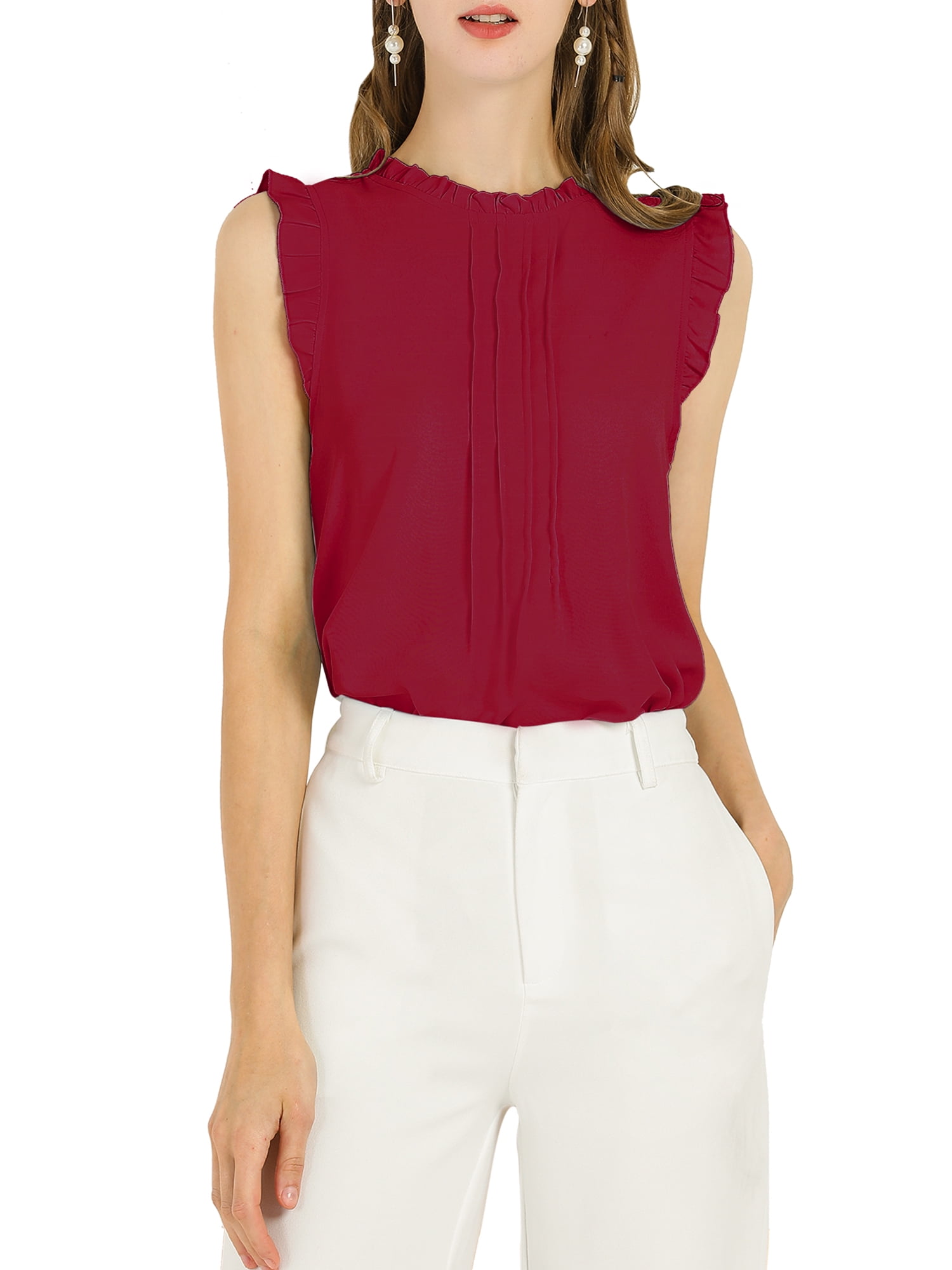 DARING DIVA Women's Ruffled Trim Pleated Plain Blouse Top L Burgundy