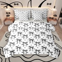 Manfei Cartoon Princess Bowknot 7 Pieces Bedding Comforter Set for Teens, Black Stars Print Full Bedding Set, Cartoon Ribbon Bow-tie Reversible Fitted Sheet Flat Sheet, Luxury Bedroom Decor