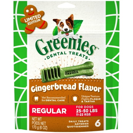 ($5 Gift Card Included) Greenies Gingerbread Flavor Regular Dental Dog Treats, 6 Oz. Pack (6 Count), Great Holiday Dog Stocking Stuffers