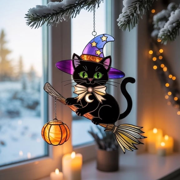 Black Cat Witch Acrylic Suncatcher Halloween Cat Window Hanging Decor, Spooky Fall Sun-Catcher, Black Cat Stained-Glass Style