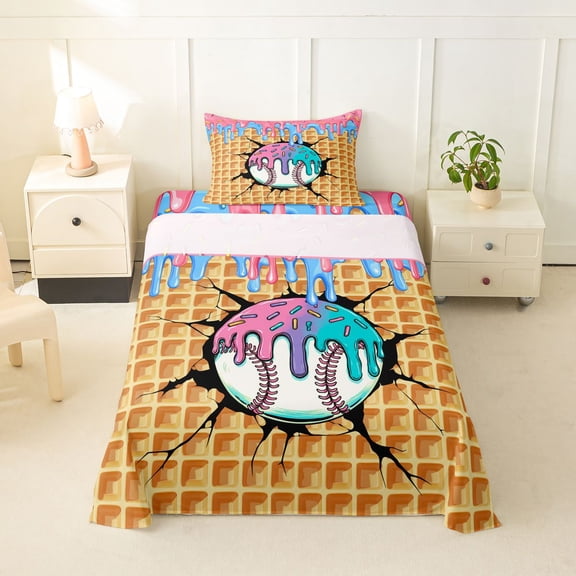 Erosebridal Baseball Sport Twin Sheet Sets for Kids Boys Girls, Ice Cream Drip Waffle Bedding, 1 Flat Sheet, 1 Fitted Sheet and 1 Pillowcase
