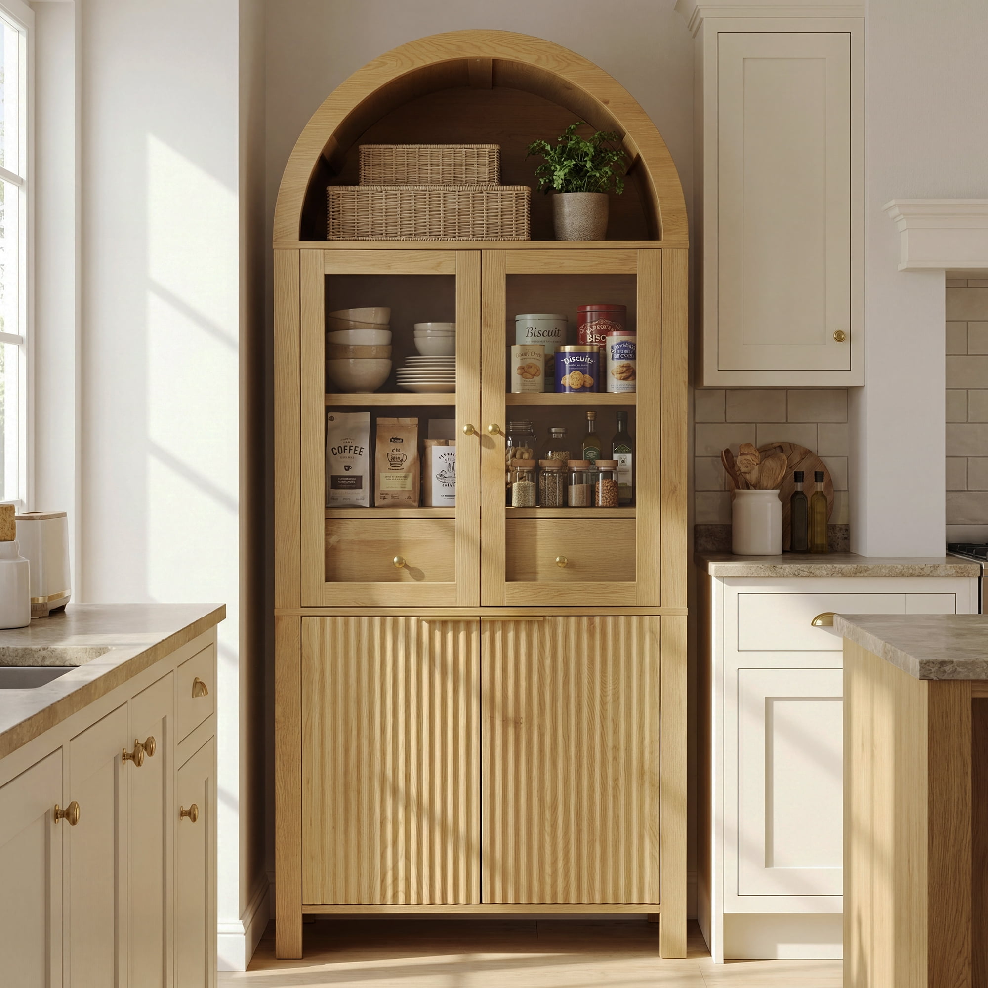 Mintazer 71" Fluted Tall Arched Kitchen Pantry Cabinet with Adjustable Shelves, Freestanding Storage Cabinet with Glass Doors & Drawer for Kitchen Living Room Dining Room, Natural