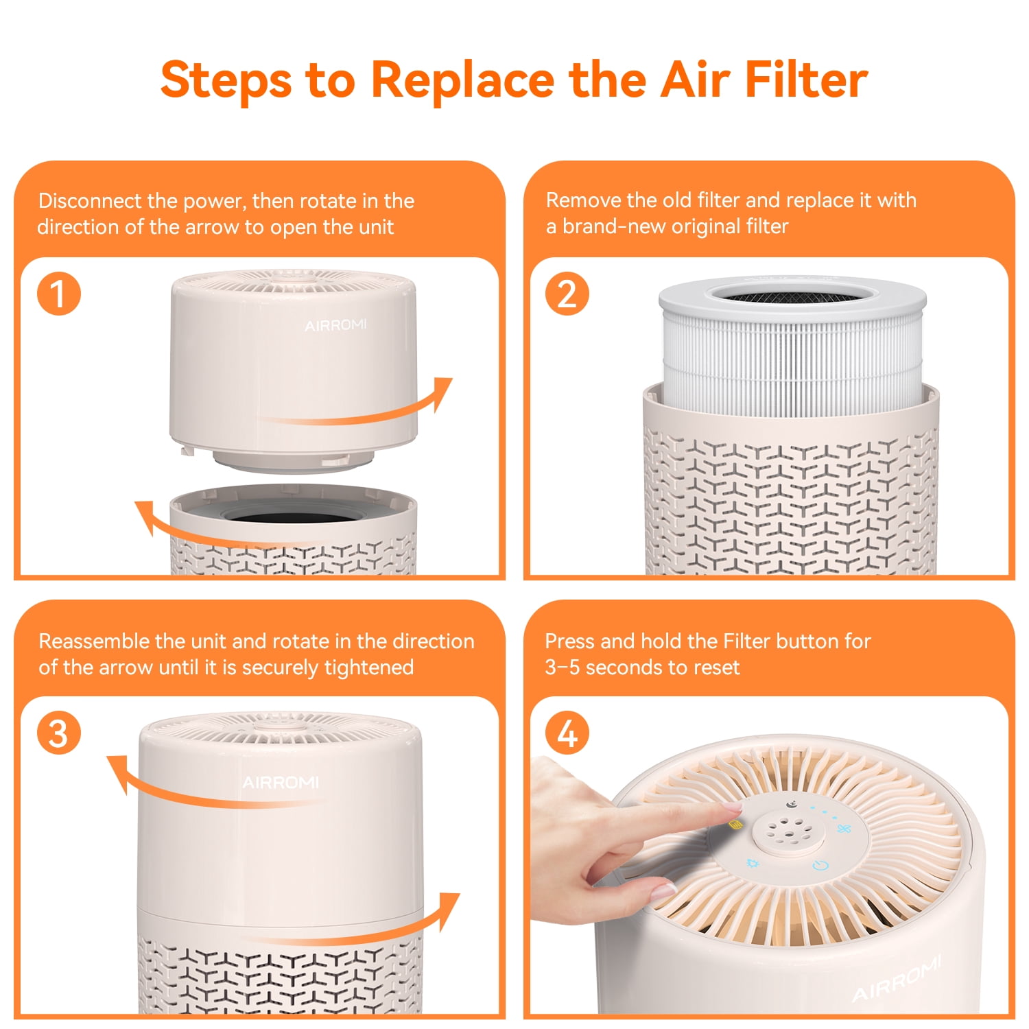AIRROMI Air Purifiers for Home Room Covers 660 sq.ft, H13 True HEPA Filter, for Allergies,Pet Dander,Pollen,Odor,Smoke, with Night Light, A2002S,Beige
