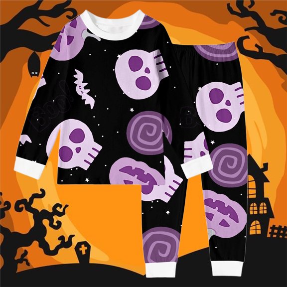 BOOMNY Halloween Girls 2 Peice Pajamas Sets Hallowmas Pumpkin Ghost Graphic Long Sleeve Sleepwear Tops Pants Pjs Set for Kids Cozy Loungewear Homewear