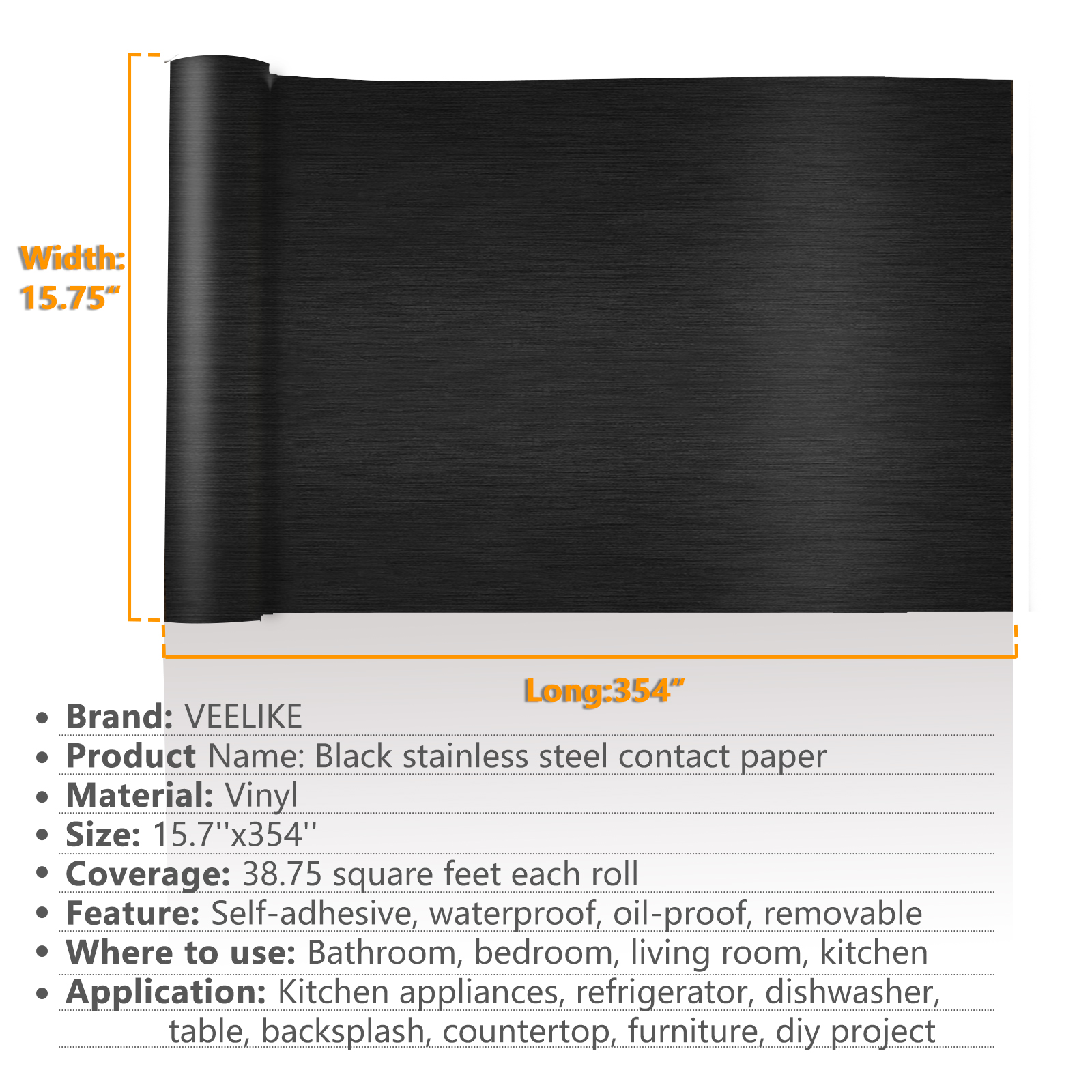 VEELIKE Black Brushed Stainless Steel Contact Paper for Kitchen Removable Black Peel and Stick Wallpaper for Countertops Waterproof Contact Paper for Bedroom Cabinets 15.7''x354''