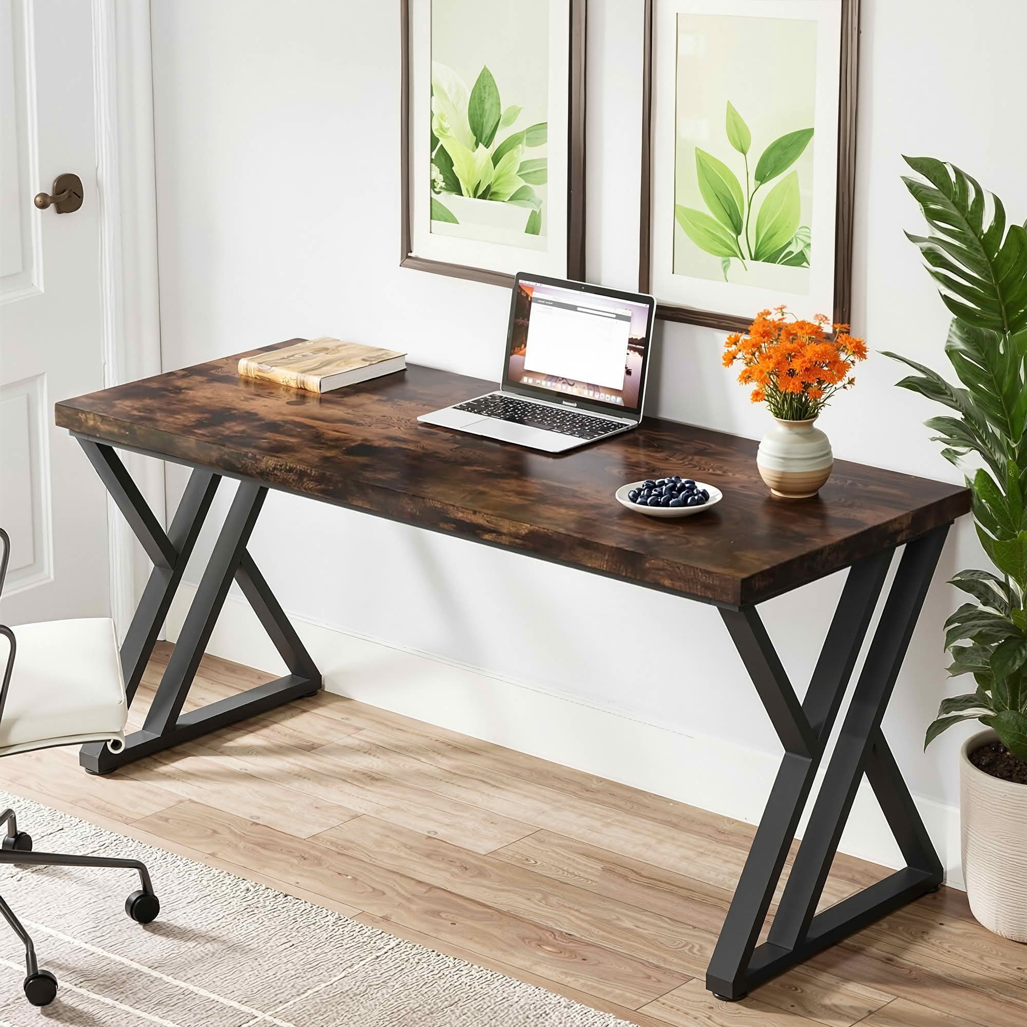 MAYEERTY 55 Inch Heavy Duty Industrial Computer Desk, Rustic Wood Z-Shape Steel Leg Writing Table with Adjustable Foot Pads