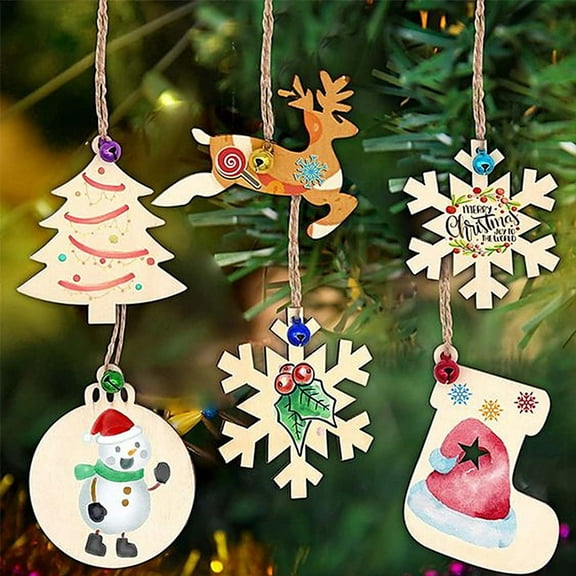 Zawou Wooden Christmas Ornaments Set Diy Hand-painted Decorations With 60 Pieces, Multicolor Free Size Hanging Crafts For Holiday Parties And Children’s Activities
