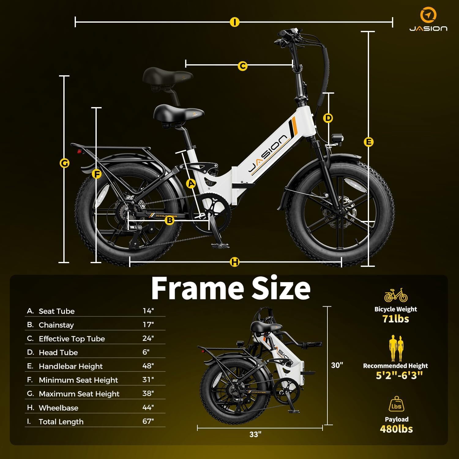 Jasion X-Hunter ST Electric Bike, 750W Foldable Ebike with 48V 13AH Removable Battery, 20'' Fat Tire Electric Bicycles for Adults, Full Suspension, UL 2849