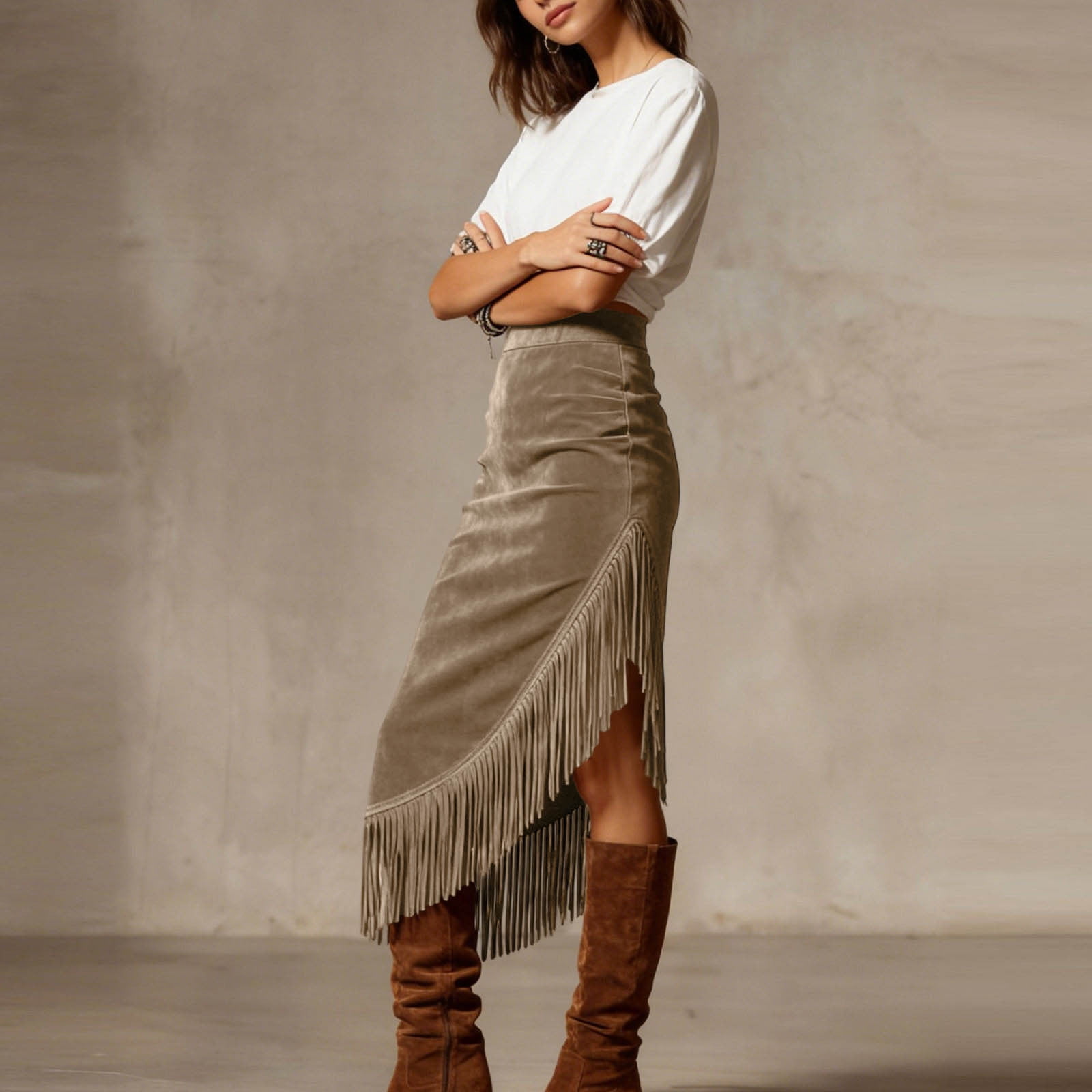Women's Fringe Suede Maxi Skirt Western Style Asymmetric Ruched Bodycon Side Slid Cowgirl Tassel Long Skirts