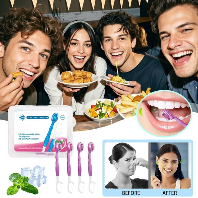 Xihbxyly Cepillo de Dientes 5 En 1, Compacto de Viaje con Hilo Dental y Raspador de Lengua, Minicepillo Sin Enjuague con Pasta de Dientes, Cuidado Bucal para Viajes, Oficina o Camping, Sabores Variad