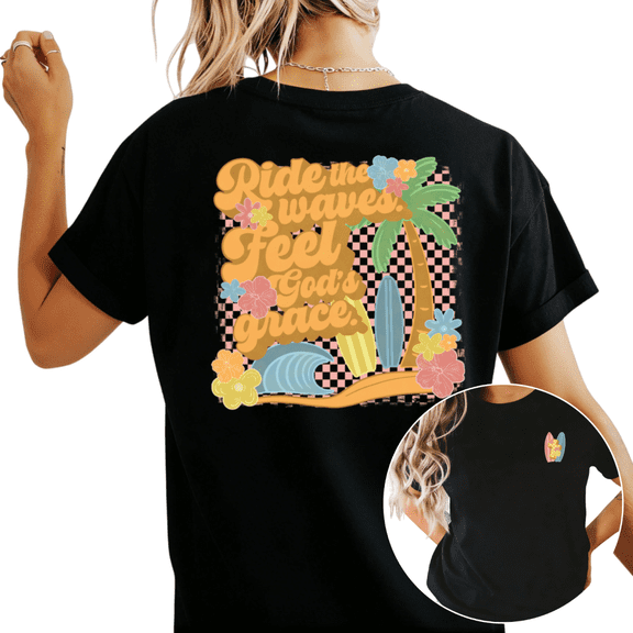 Women's Vintage "Ride The Waves Feel God's Grace" Surf Beach Graphic Breathable T Shirt Short Sleeve Round Neck Top Black S-5XL