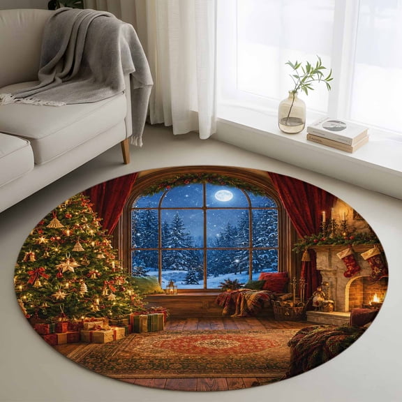 Vintage Christmas 3ft Area Rug, Xmas Tree French Country Cottagecore Washable Non-Slip Small Round Rugs for Entryway Bedroom Kitchen, Soft Circle Carpet for Dining Room, Playroom Nursery Rug