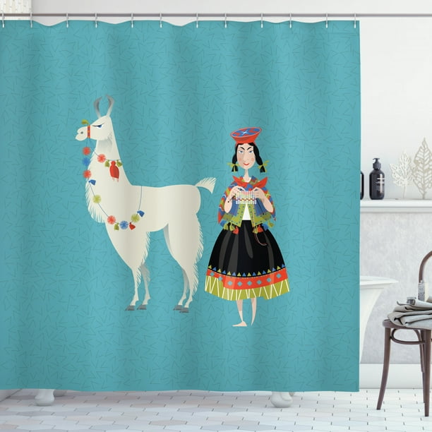 Llama Shower Curtain Peruvian Woman, Llama Shower Curtain Hooks