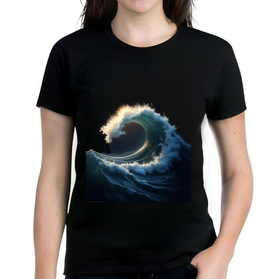 Women's Cotton Short Sleeve T-Shirt with Vibrant Ocean Wave Pattern Sunlit Design Blue and White Colors Perfect for Summer Style