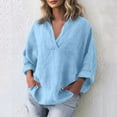 thumbnail image 4 of Womens 100% Cotton Linen Tunic Long Sleeve V Neck Gauze Shirt Casual Work Lounge Blouse Tops Sky Blue 2XL, 4 of 6