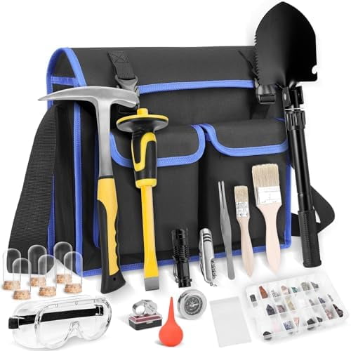 25 PCS Geology Rock Pick Equipment Kit, 28 oz. Rock Pick Hammer with 12" Mason Chisel, Safety Glasses, Whistle, Jewelers loupe, Tool Set for Hounding, Gold Mining & Prospecting, Stone Breaking$$
