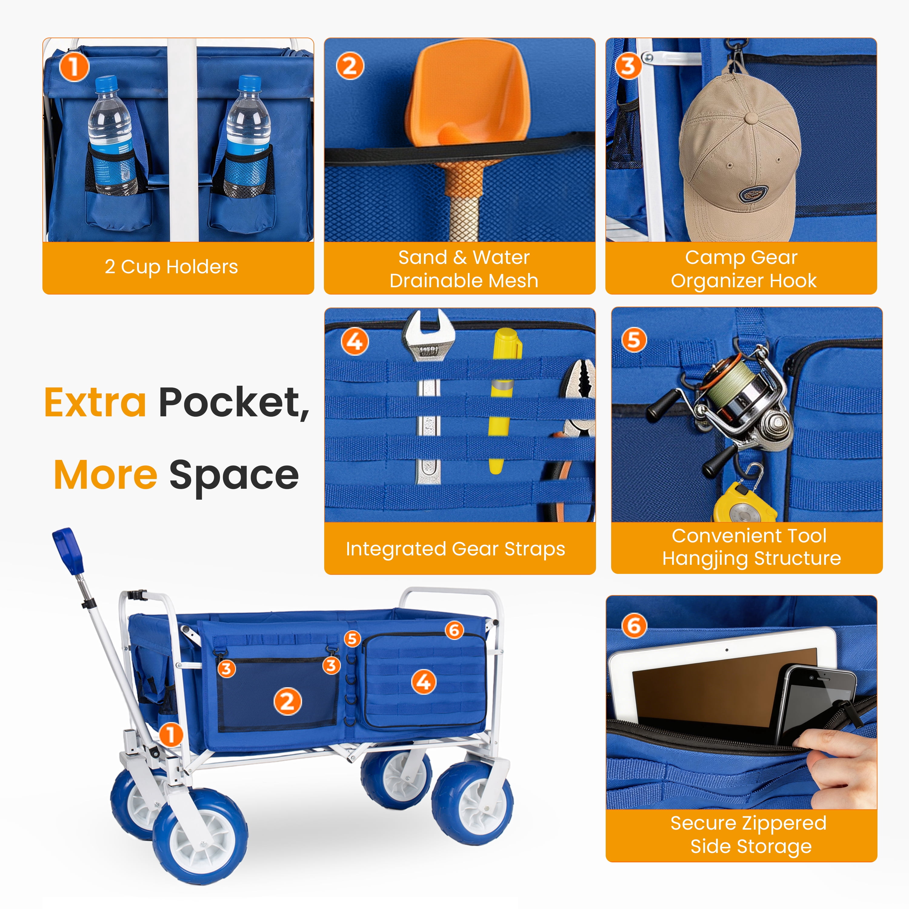 Beach Wagon Cart 500lbs Heavy Duty Collapsible Folding Wagon Oversized 150L 9 Inch PVC All-Terrain Wheels Adjustable Handle Cooler Storage Bags Beach Camping Garden Outdoor Sports Blue