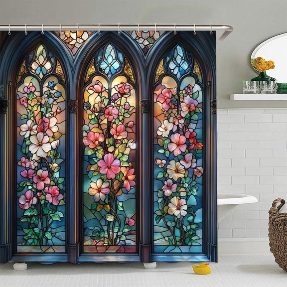 Stained Glass Shower Curtain Abstract Arched Window Antique Fantasy Boho Plant Floral Elegant Ornate Symmetric Vintage Artistic Bathroom Curtain Set Polyester Fabric Hooks 72 X 72 Inch