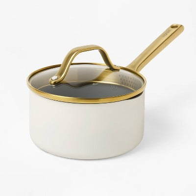 1.5qt Nonstick Ceramic Coated Aluminum Sauce Pan with Champagne Handle Cream